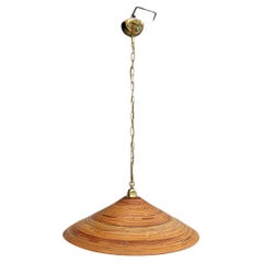Lampadario Conico in Midollino Italiano 1950s catena Ottone