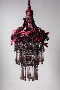 Lampadario contemporaneo Iron Flowers Mignon, cristalli, ferro e tessuto, viola