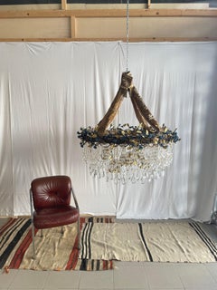 Zeitgenössischer Valentina Giovando Rosalya Kronleuchter Kristall Stoff Messing Blau Gold