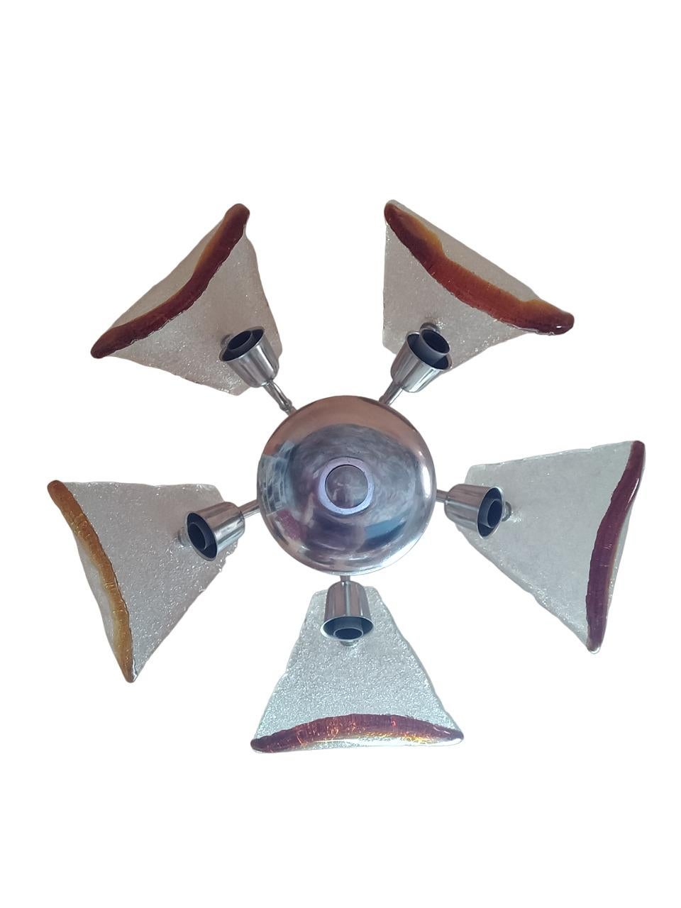 Late 20th Century Lampadario cromato con vetri di Murano by Mazzega (Italia) anni '70 For Sale