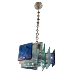 Chromed blue glass chandelier by Lupi Cristal Luxor 1970s