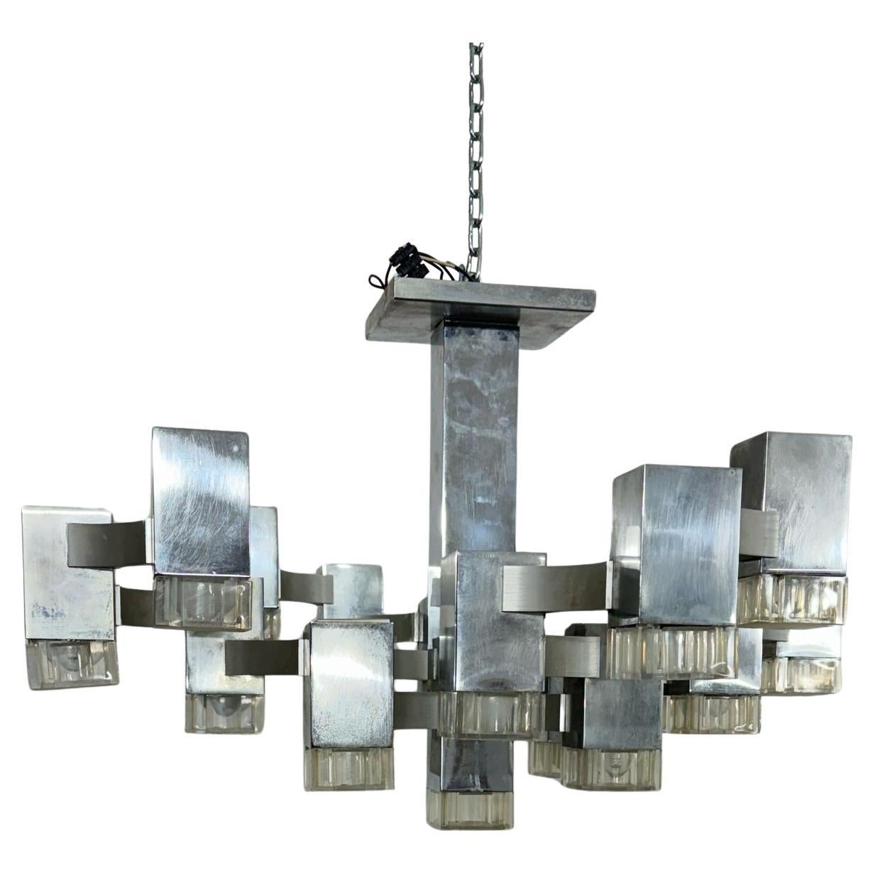 Sciolari 1970s silvered cubic chandelier.