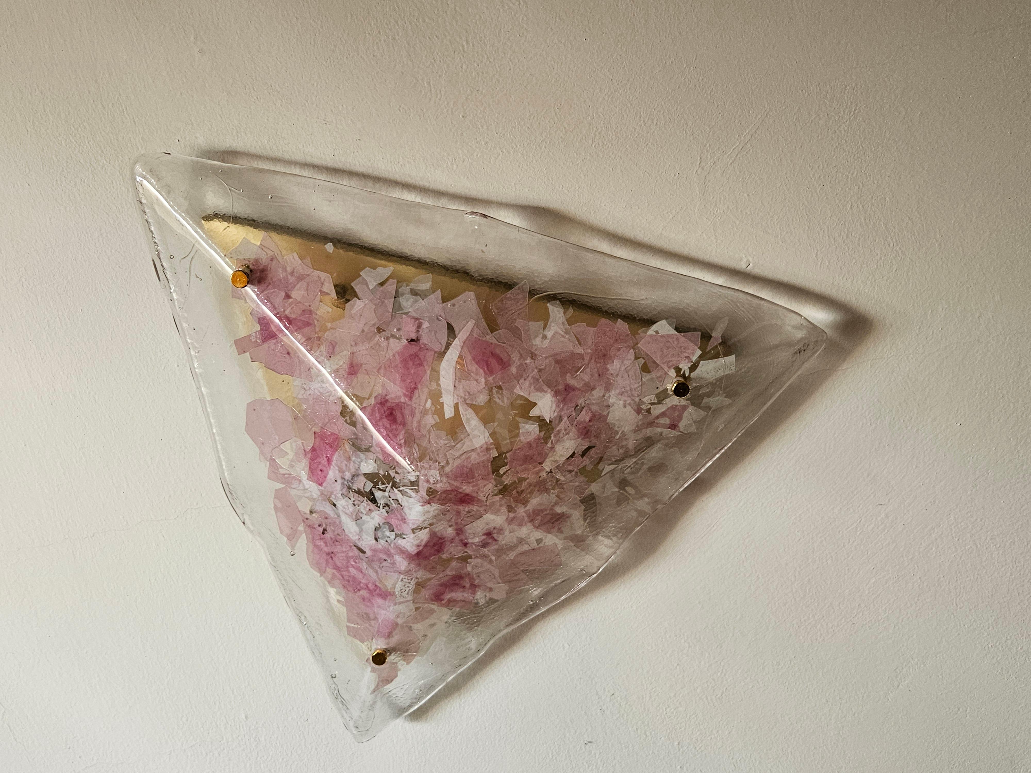 Mid-Century Modern Pink and clear Murano glass triangular ceiling chandelier For Sale