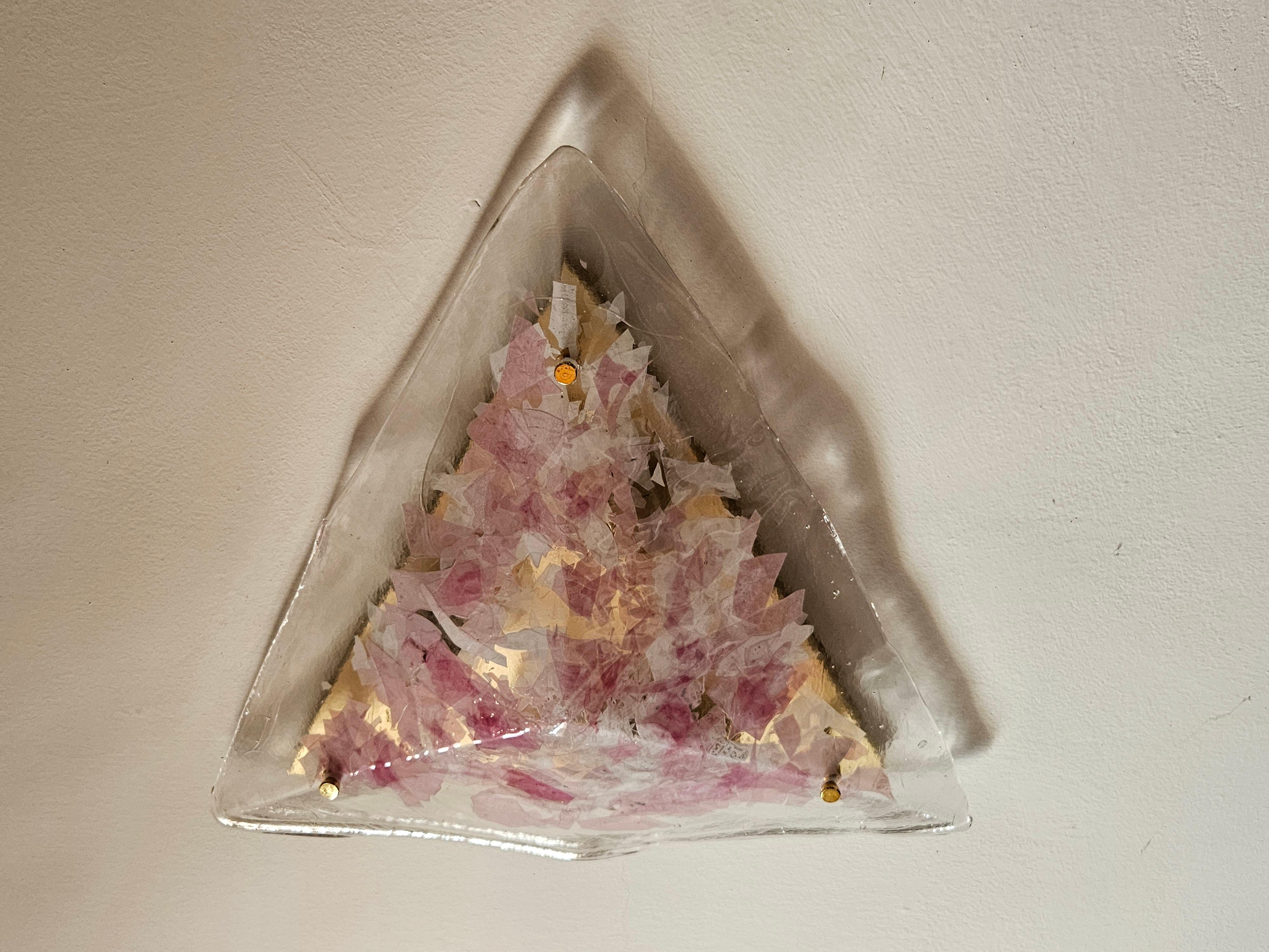 Italian Pink and clear Murano glass triangular ceiling chandelier For Sale