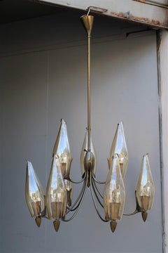 Lampadario Design Italiano Mid-Century in Ottone e Vetro Arredoluce Style
