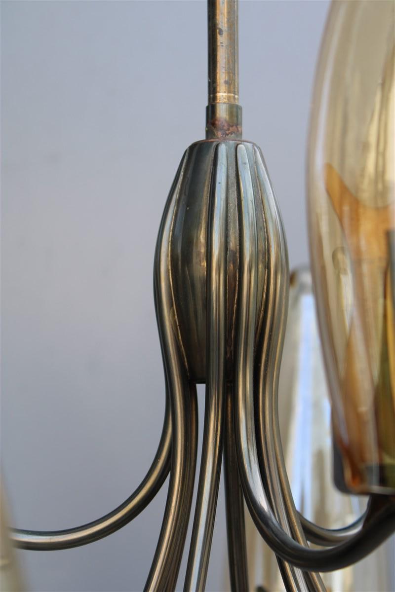 Mid-20th Century Lampadario Design Italiano Mid-Century in stile Ottone e Vetro Arredoluce in vendita