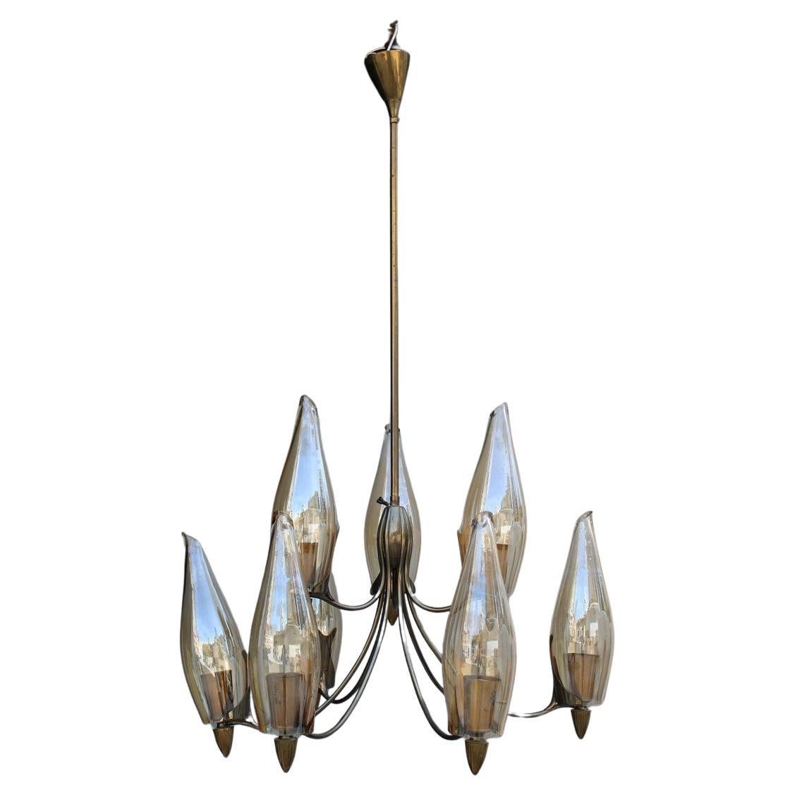 Lampadario Design Italiano Mid-Century in Ottone e Vetro Arredoluce Style