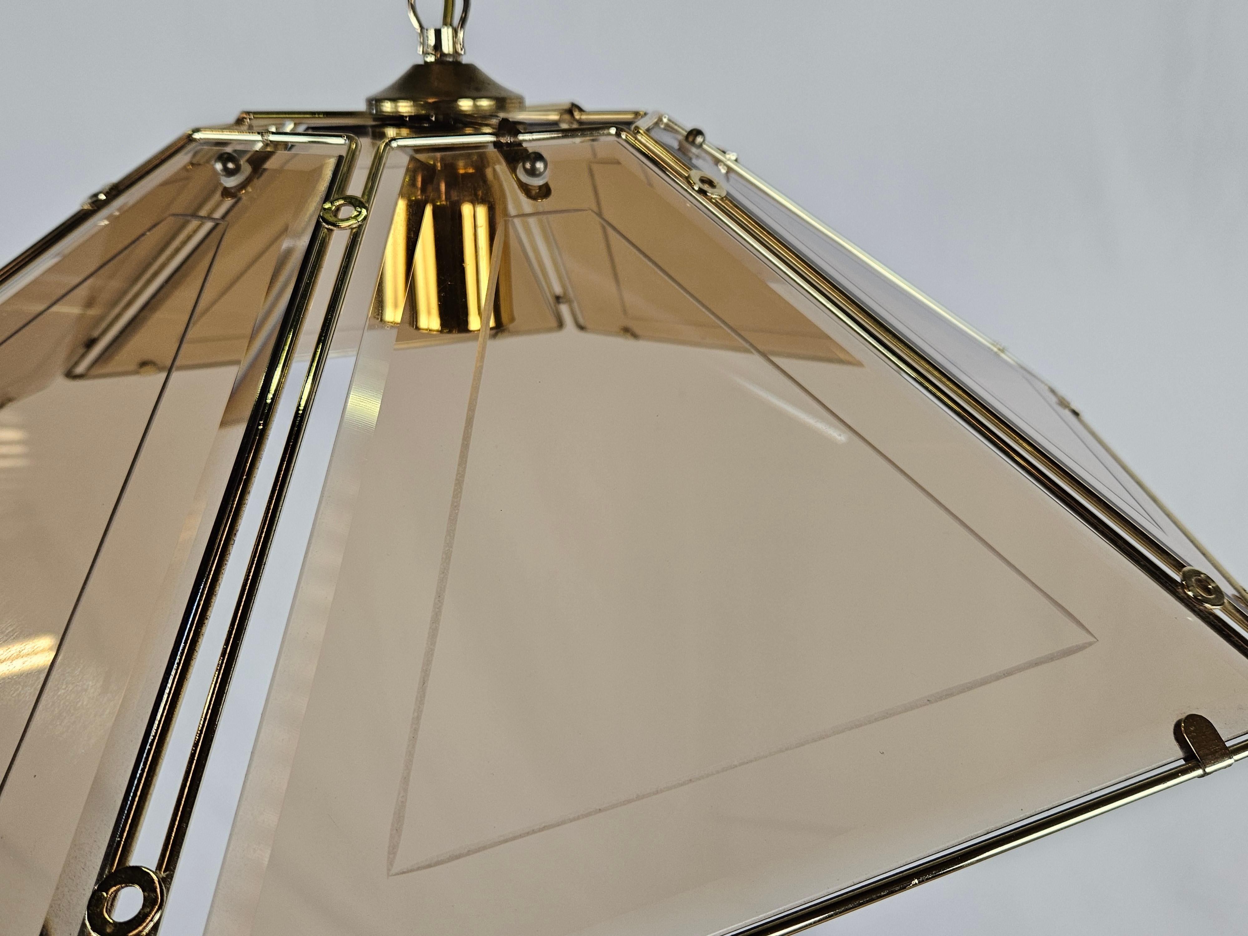 Italian Hexagonal brass and glass chandelier 20th century For Sale