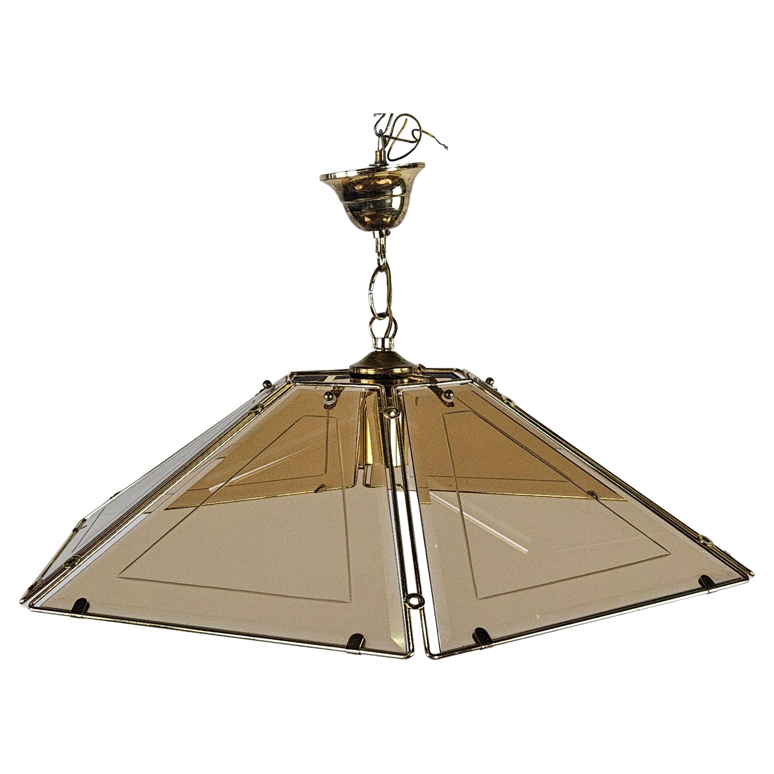 Hexagonal brass and glass chandelier 20th century For Sale