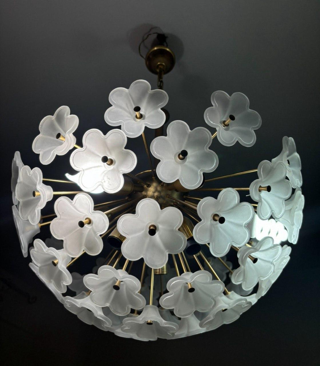 Brass Satin-finished Murano Glass sputnik chandelier in the shape of flowers from the 1970s. For Sale
