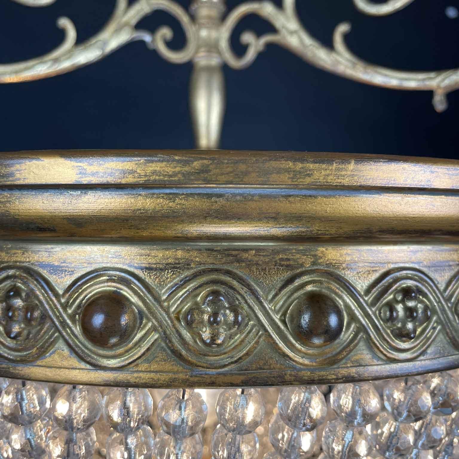 Lampadario Francese Deco a Una Luce Dorato con Perline di Cristallo XX Secolo In Good Condition For Sale In Milano, MI