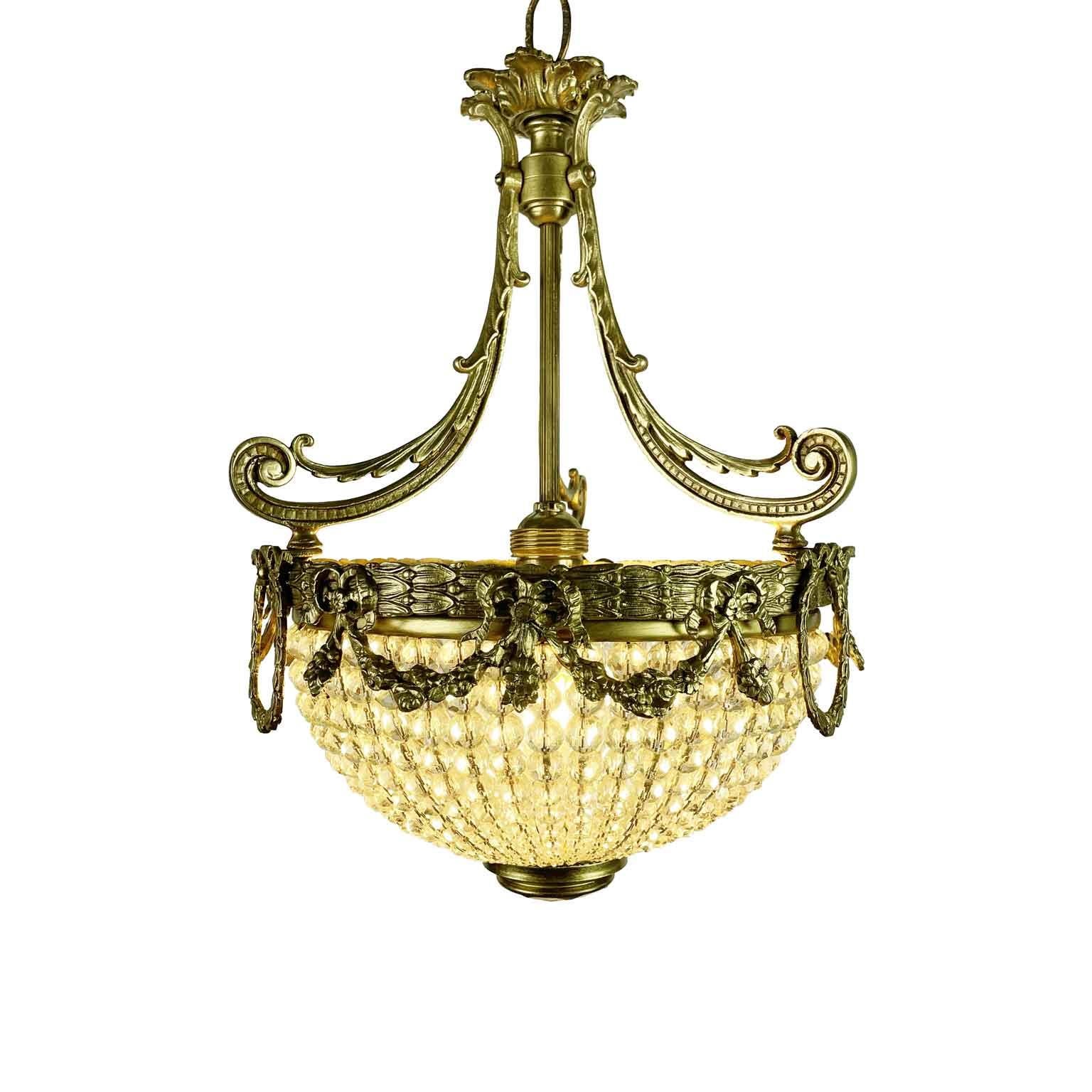 French Bronze Chandelier With Crystal Beaded Cup Early 1900s For Sale 5