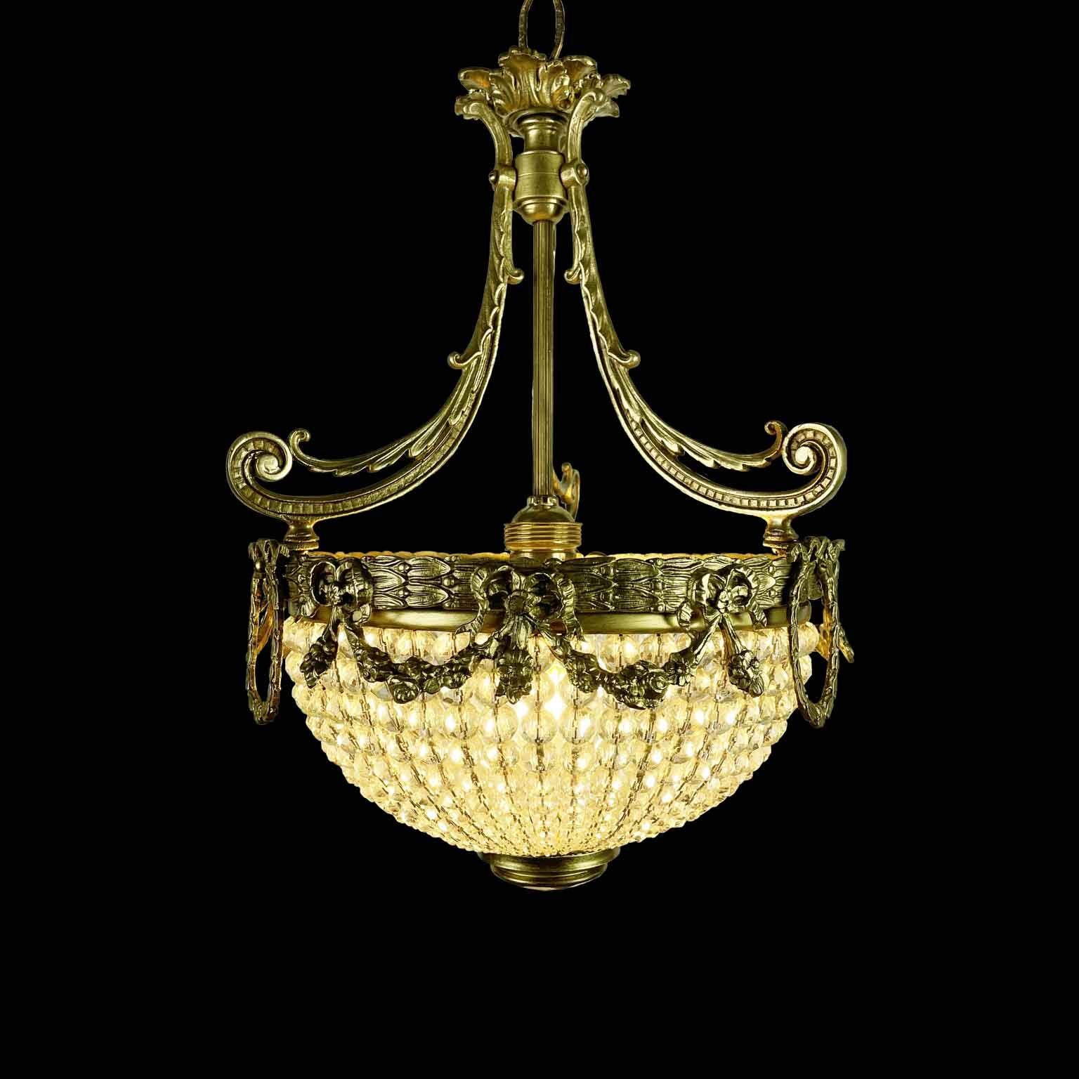 French Bronze Chandelier With Crystal Beaded Cup Early 1900s For Sale 6