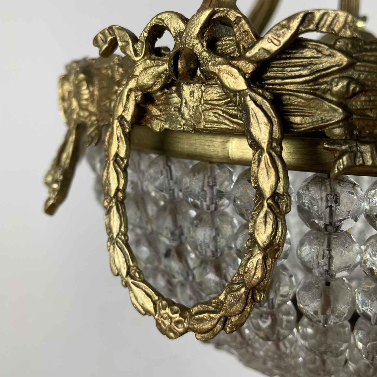 20th Century French Bronze Chandelier With Crystal Beaded Cup Early 1900s For Sale