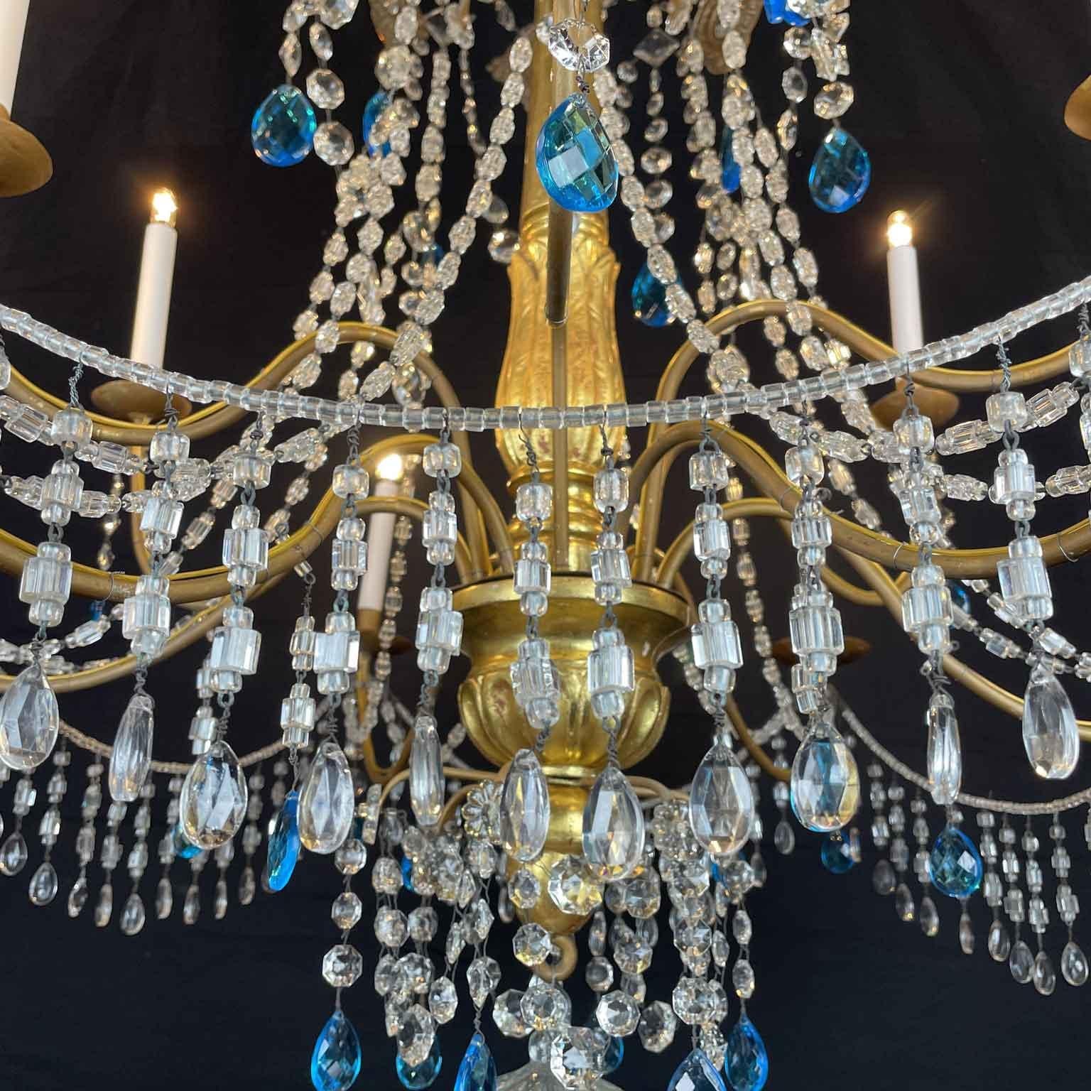 Italian Genovese Empire Chandelier 1780 in Gilded Wood and Crystal Twelve Lights For Sale 2