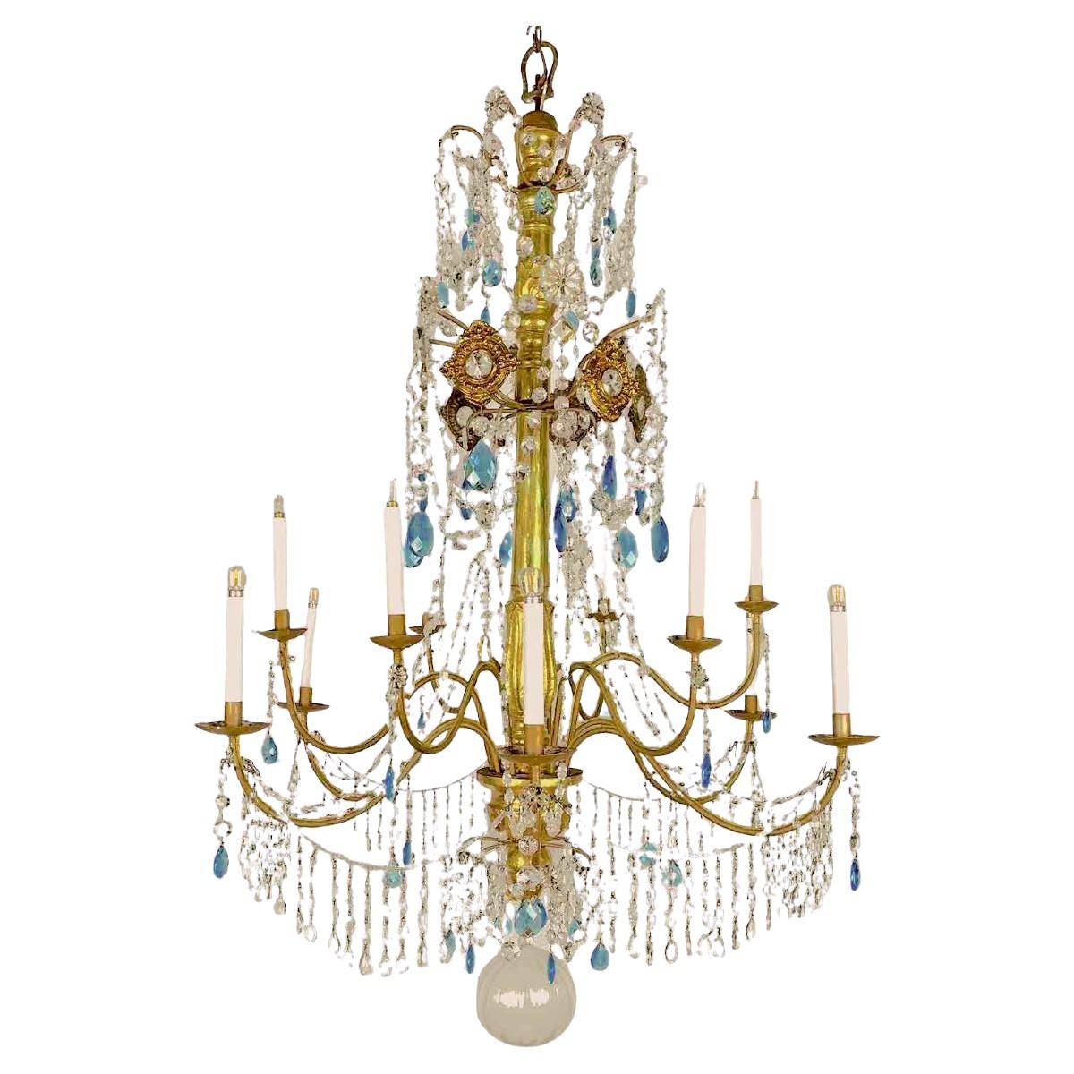 Italian Genovese Empire Chandelier 1780 in Gilded Wood and Crystal Twelve Lights For Sale 12