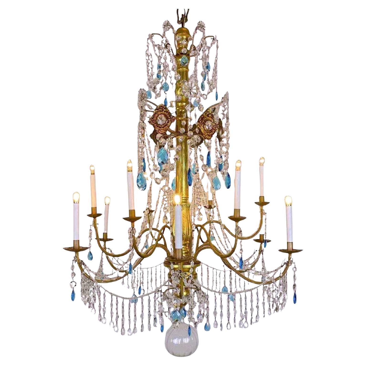 Italian Genovese Empire Chandelier 1780 in Gilded Wood and Crystal Twelve Lights For Sale