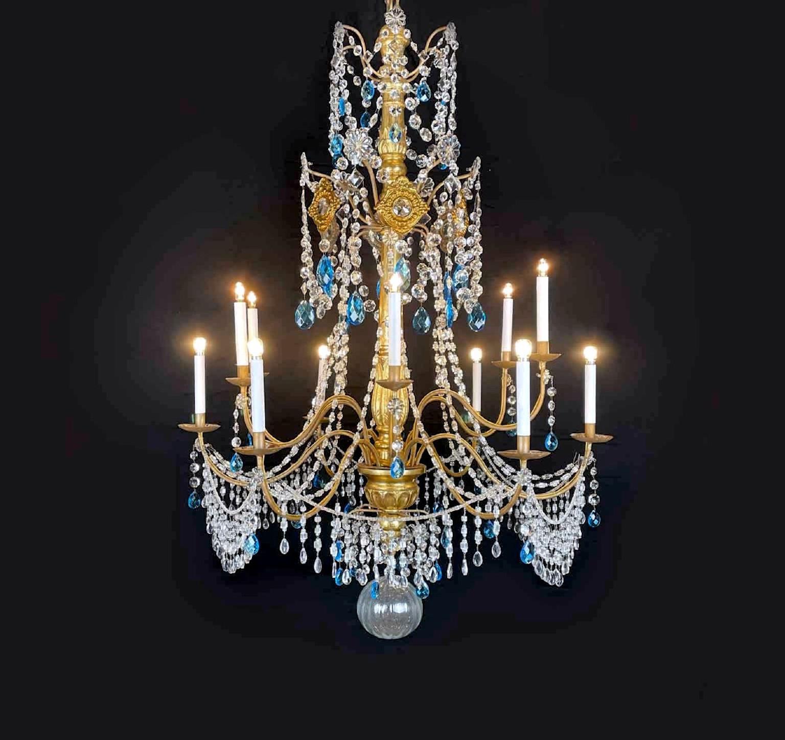 Italian Genovese Empire Chandelier 1780 in Gilded Wood and Crystal Twelve Lights For Sale 13