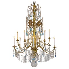 Lampadario Italiano Genovese Impero 1780 in Legno Dorato e Cristallo Dodici Luci