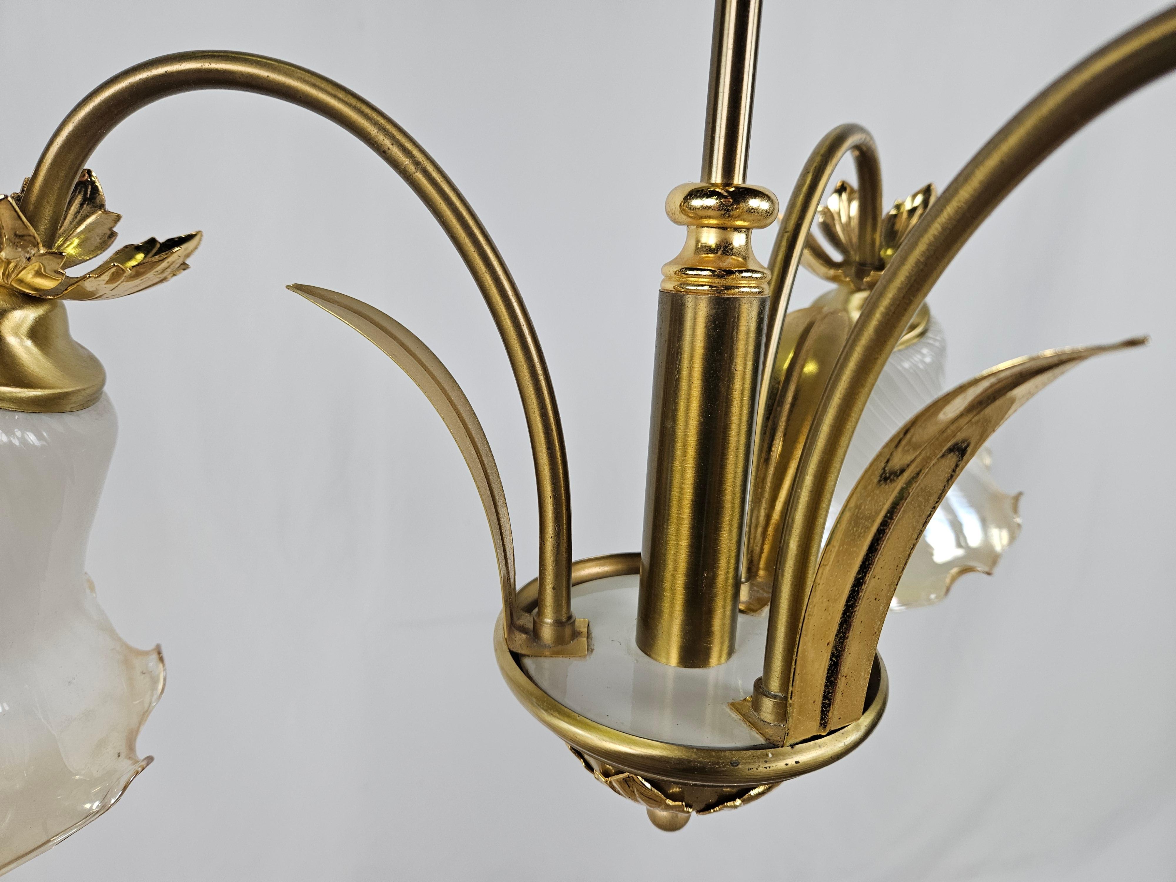 1970s Art Nouveau style glass and brass chandelier i197n For Sale 7