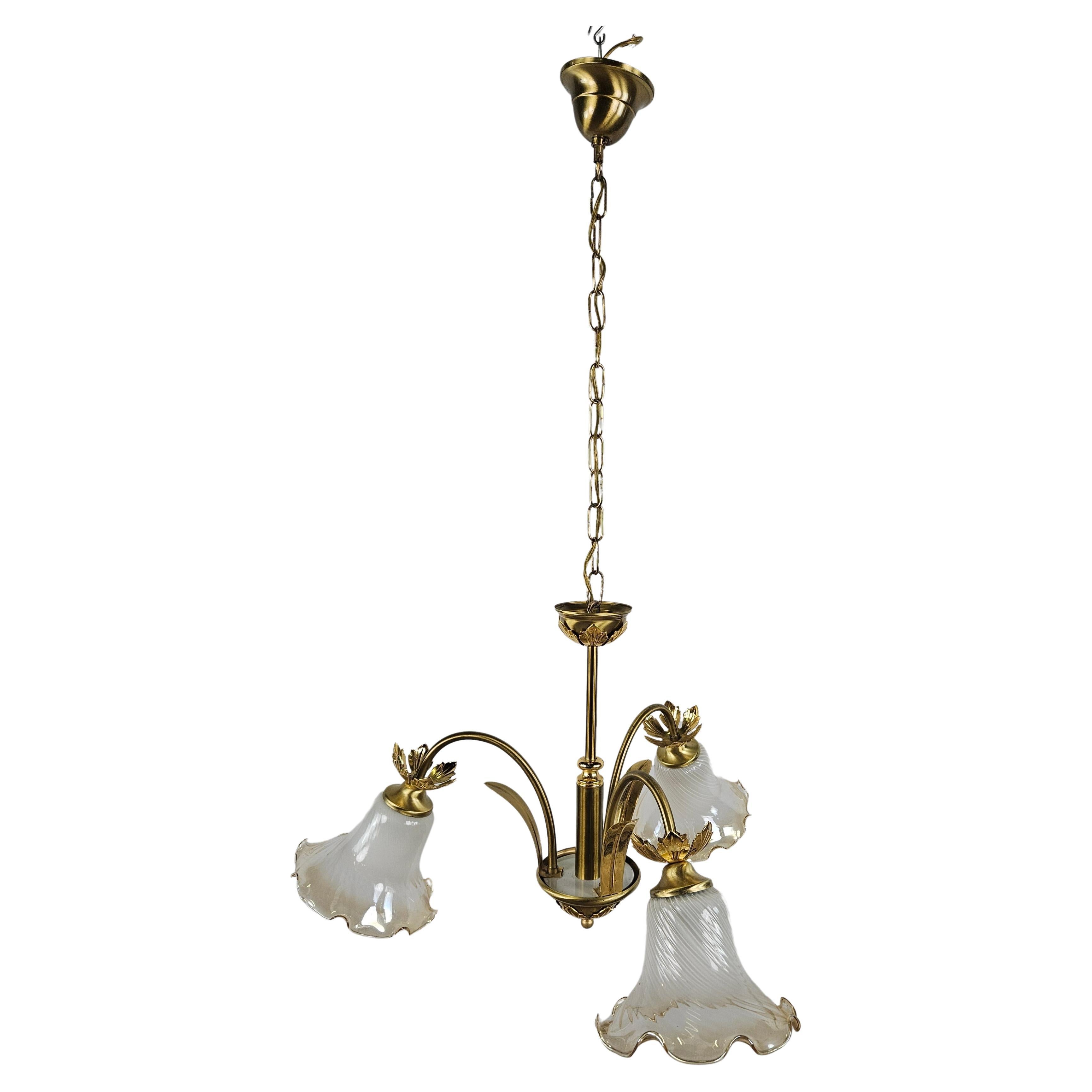 1970s Art Nouveau style glass and brass chandelier i197n For Sale