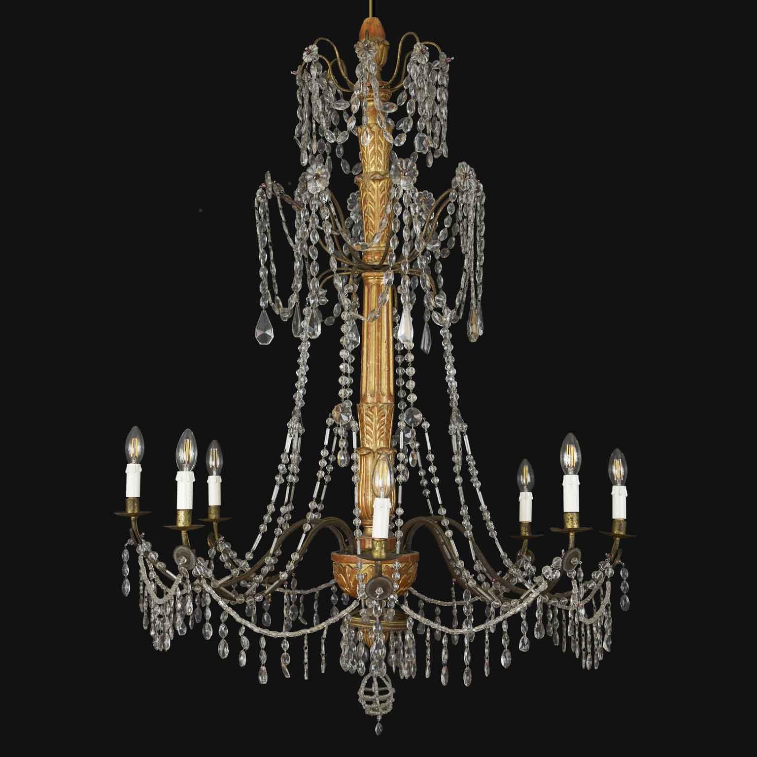 1780 Genovese Italian Empire Chandelier in Gilded Wood and Crystal Eight Lights 5