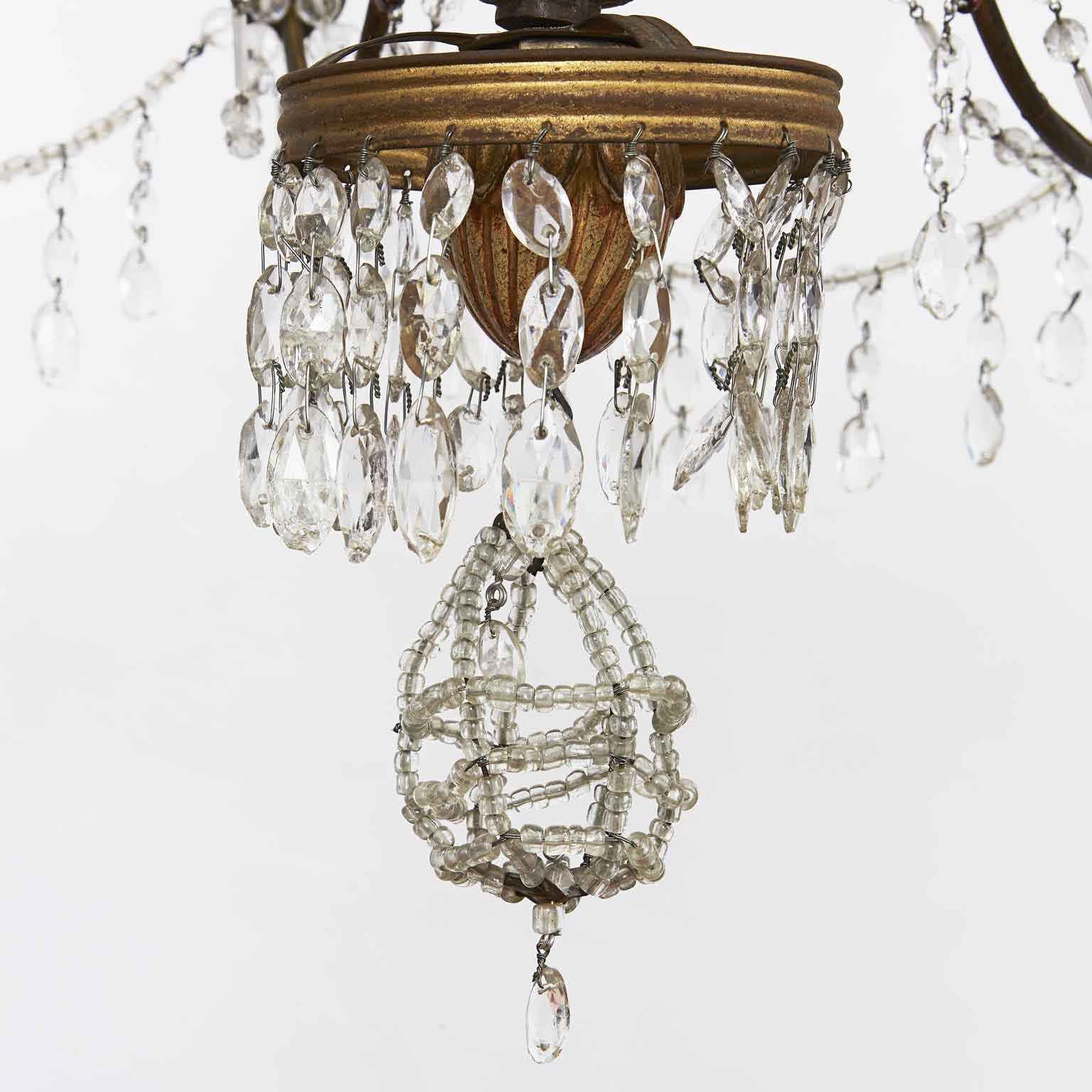 Hand-Carved 1780 Genovese Italian Empire Chandelier in Gilded Wood and Crystal Eight Lights