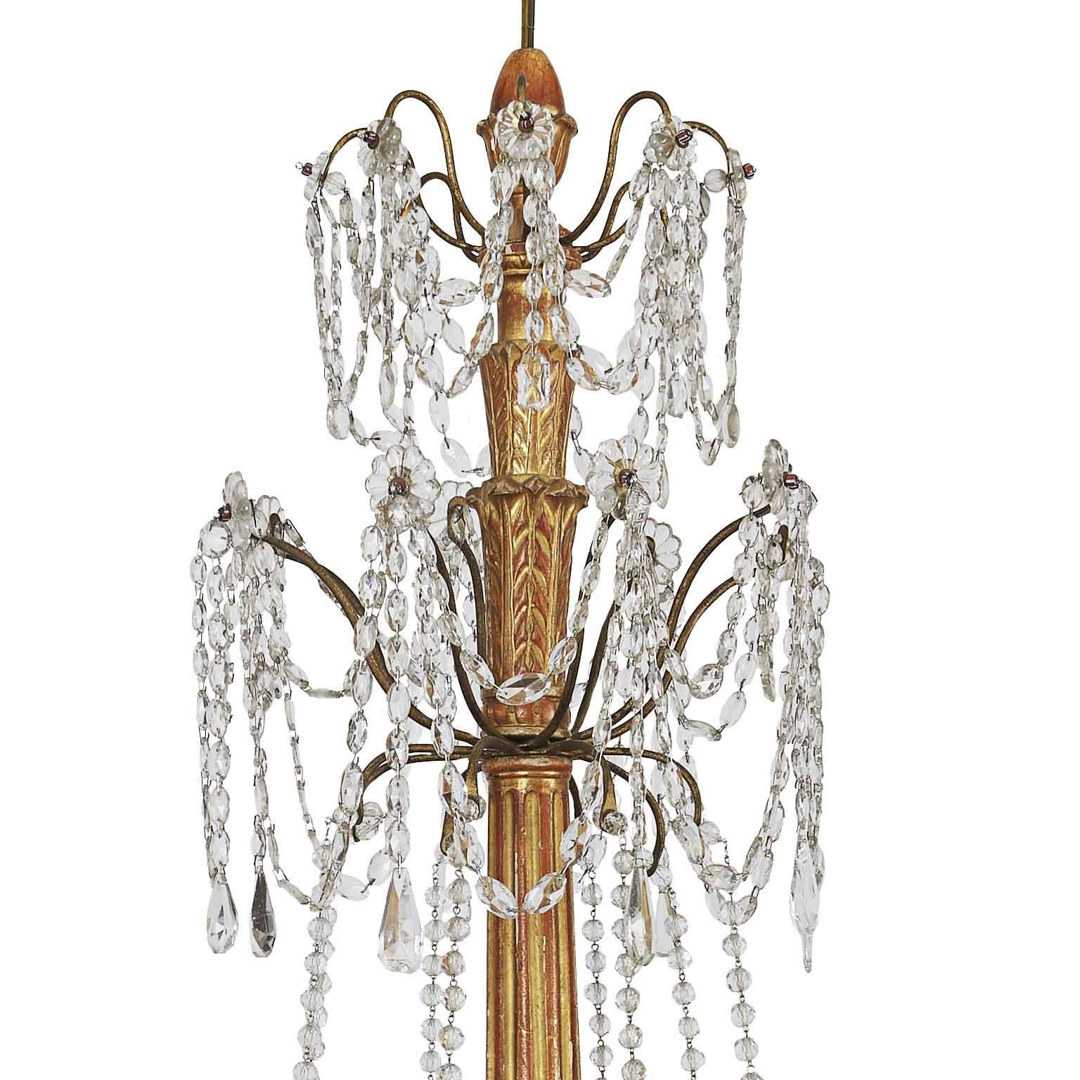 1780 Genovese Italian Empire Chandelier in Gilded Wood and Crystal Eight Lights In Good Condition In Milano, MI