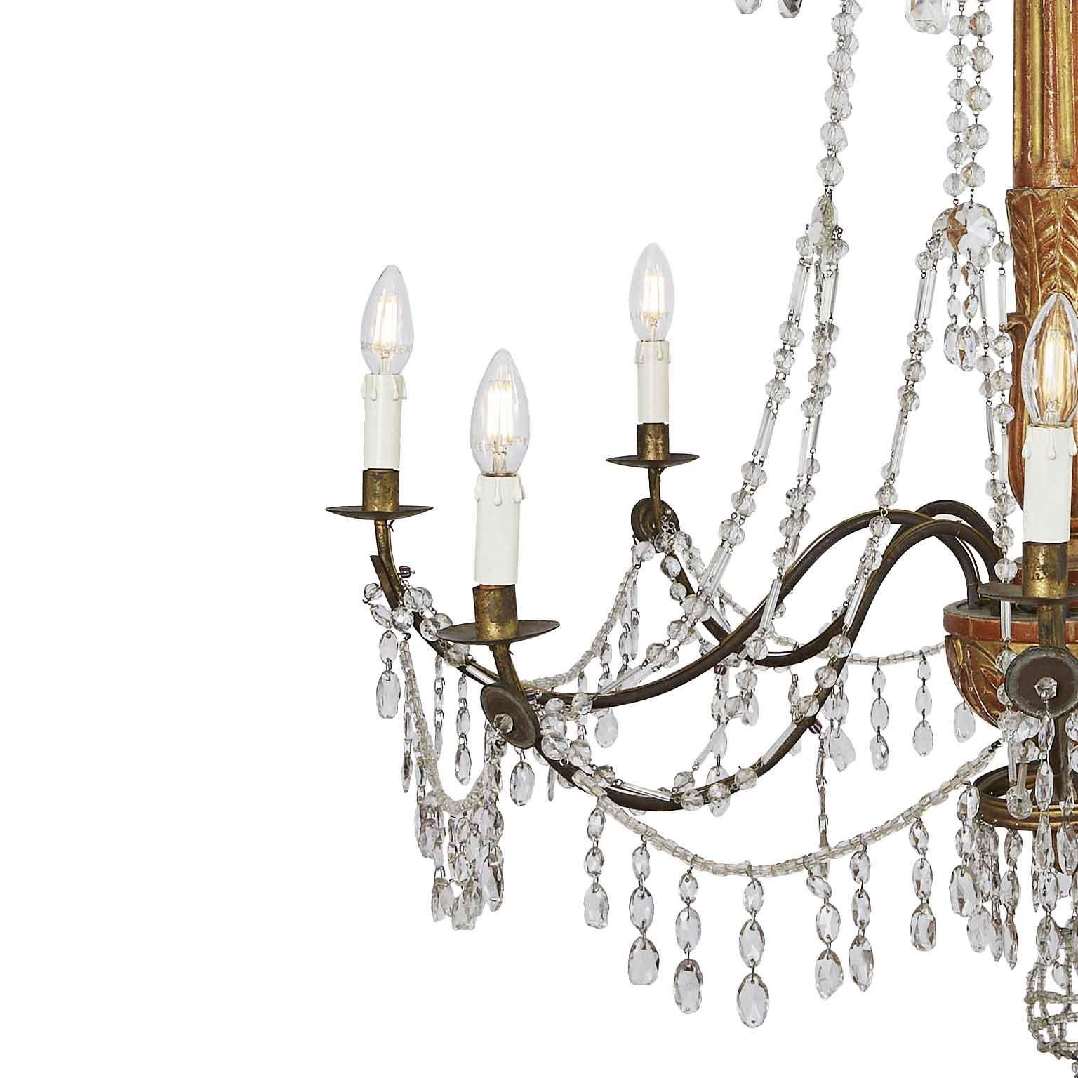 1780 Genovese Italian Empire Chandelier in Gilded Wood and Crystal Eight Lights 1