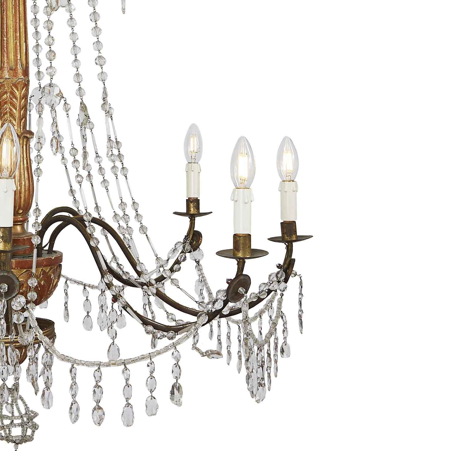 1780 Genovese Italian Empire Chandelier in Gilded Wood and Crystal Eight Lights 2