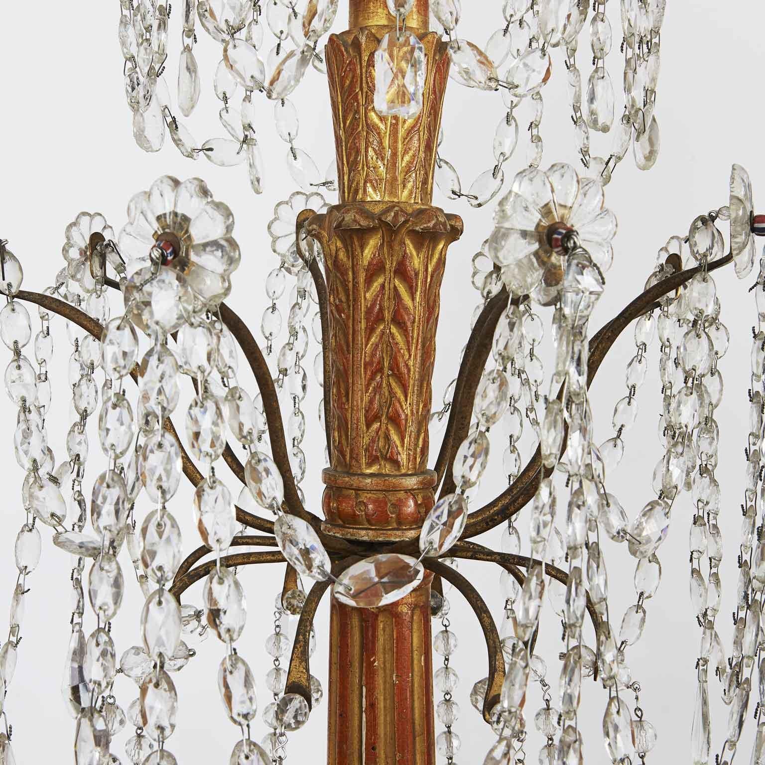 1780 Genovese Italian Empire Chandelier in Gilded Wood and Crystal Eight Lights 3