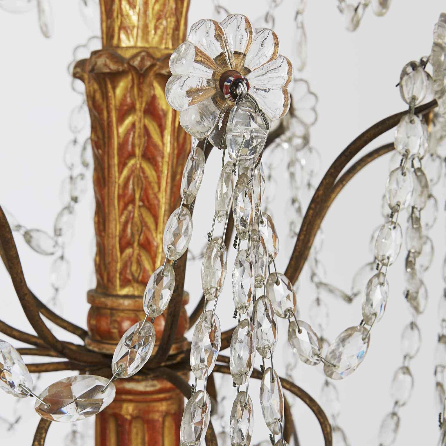 1780 Genovese Italian Empire Chandelier in Gilded Wood and Crystal Eight Lights 4