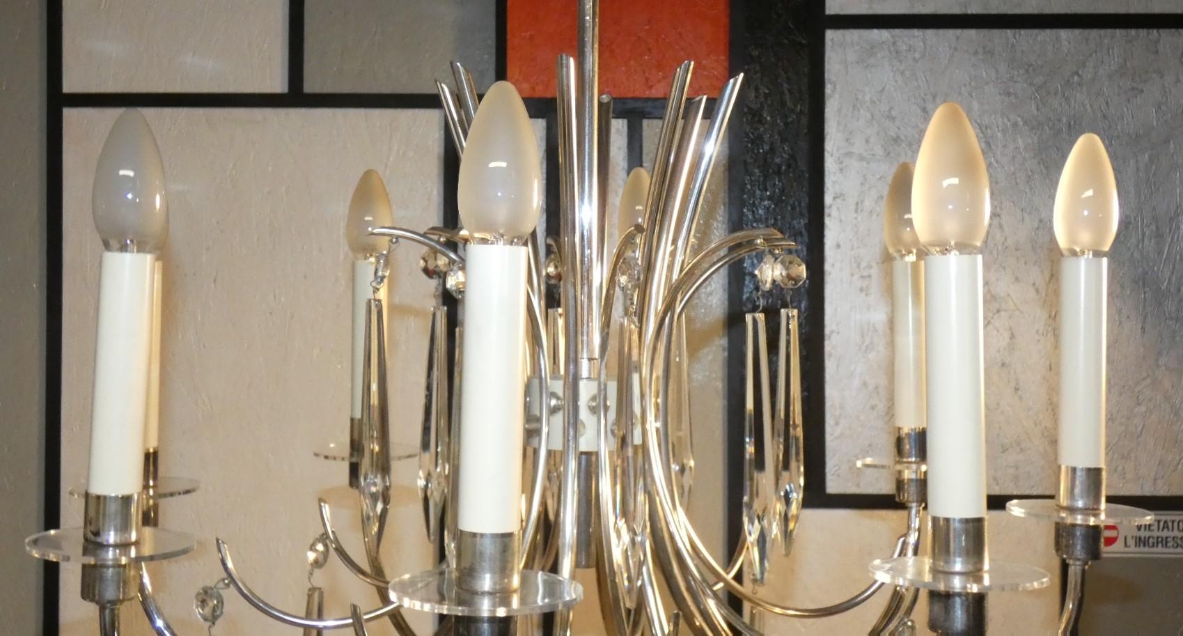 Modern Silver and crystal chandelier attributed to Gaetano Sciolari, Italy 1970s For Sale