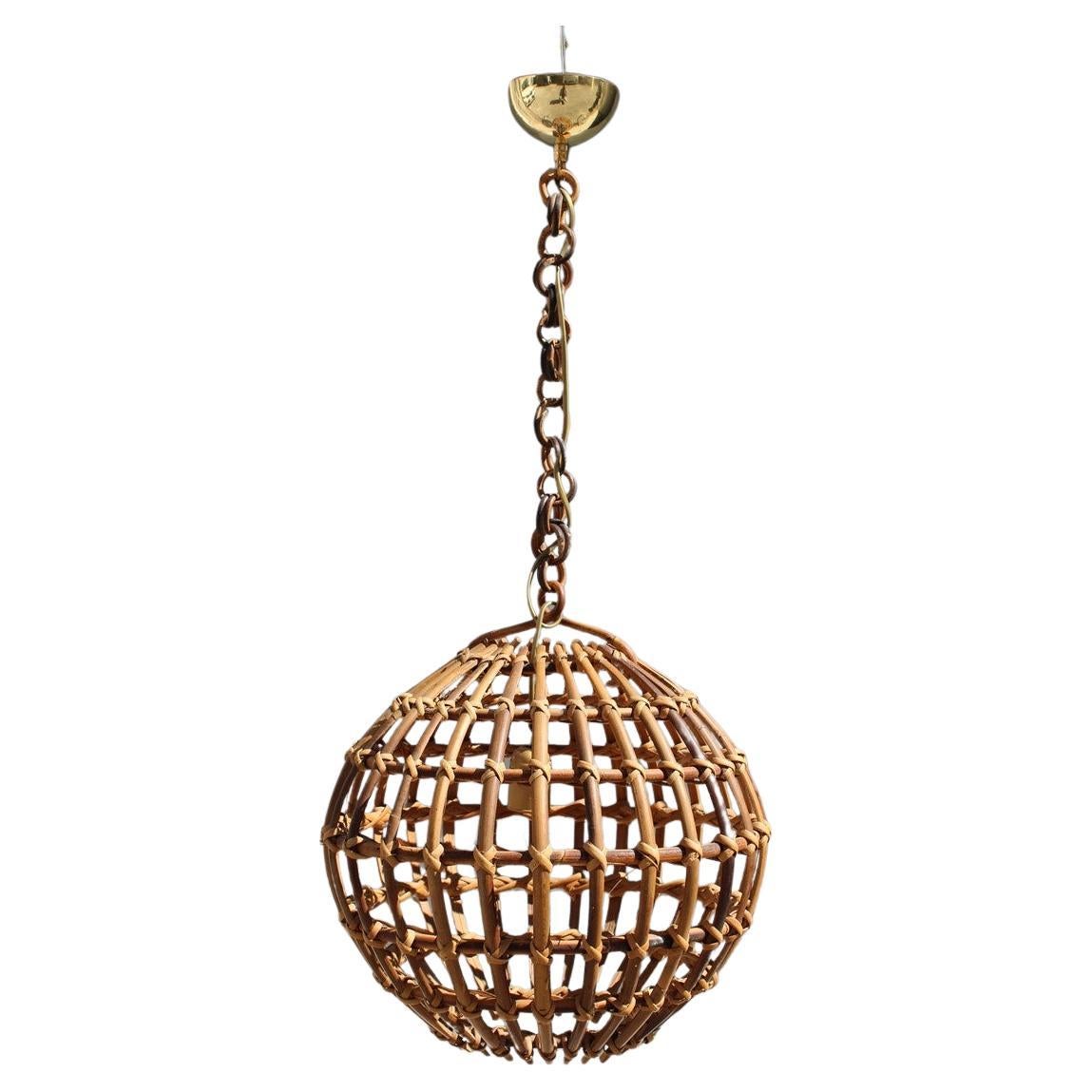 Bamboo and Round Italian Brass Chandelier Mid-century Albini style 1950 For Sale