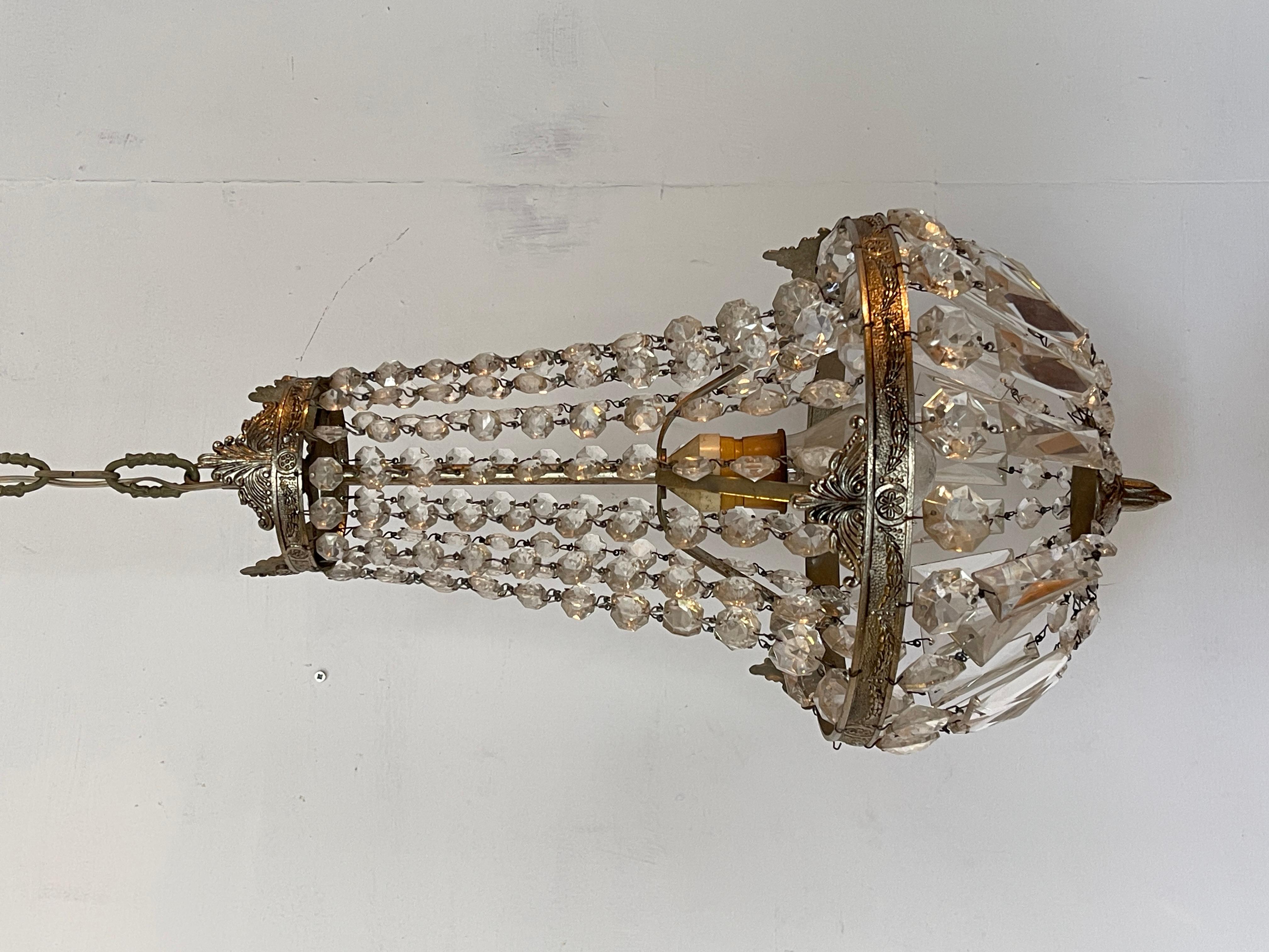 Lampadario in bronzo e cristallo stile classico, design a mongolfiera anni '50  -COD-DA576