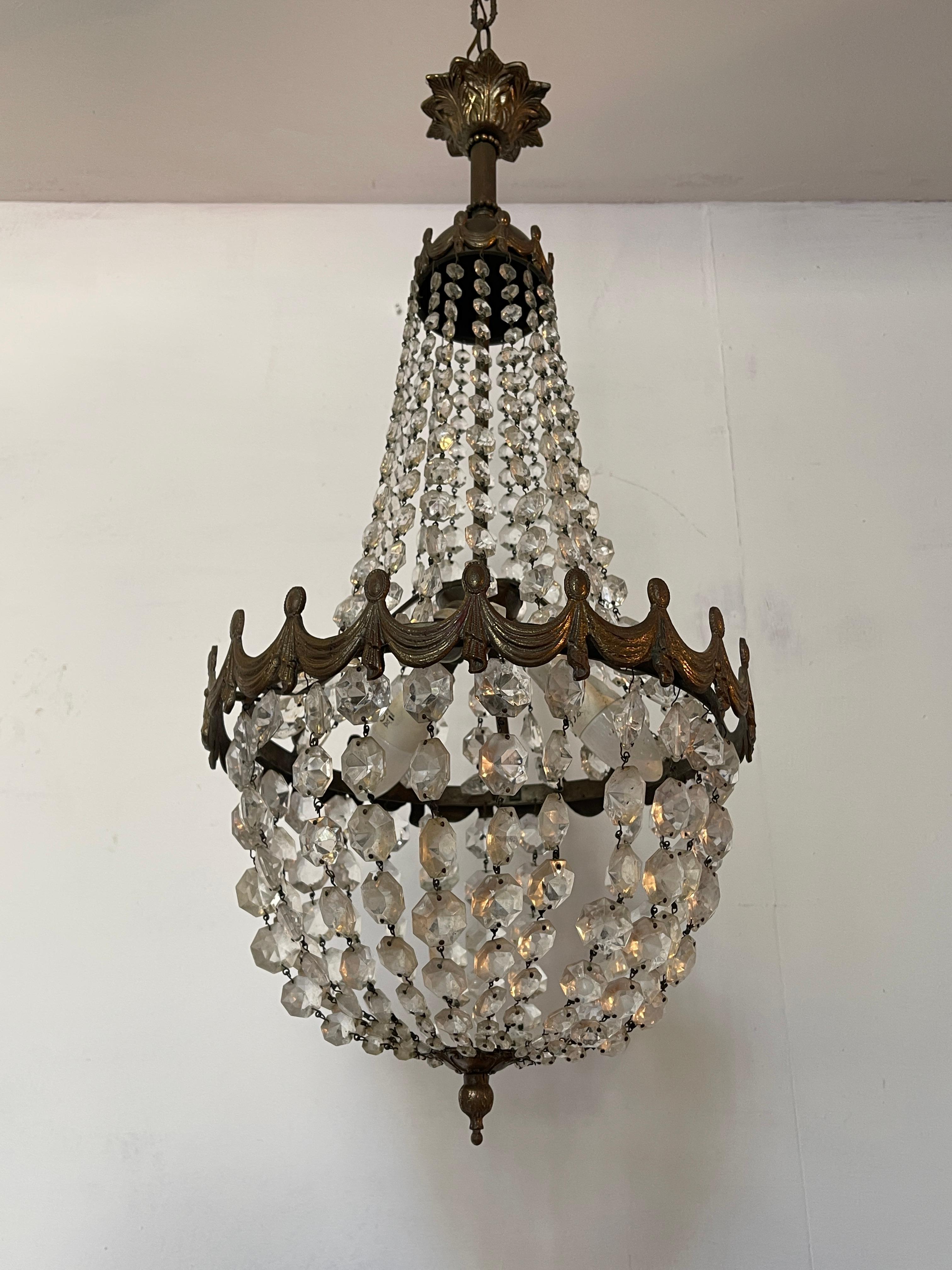 Italian Lampadario in bronzo e cristallo stile imperio anni '50 in vendita