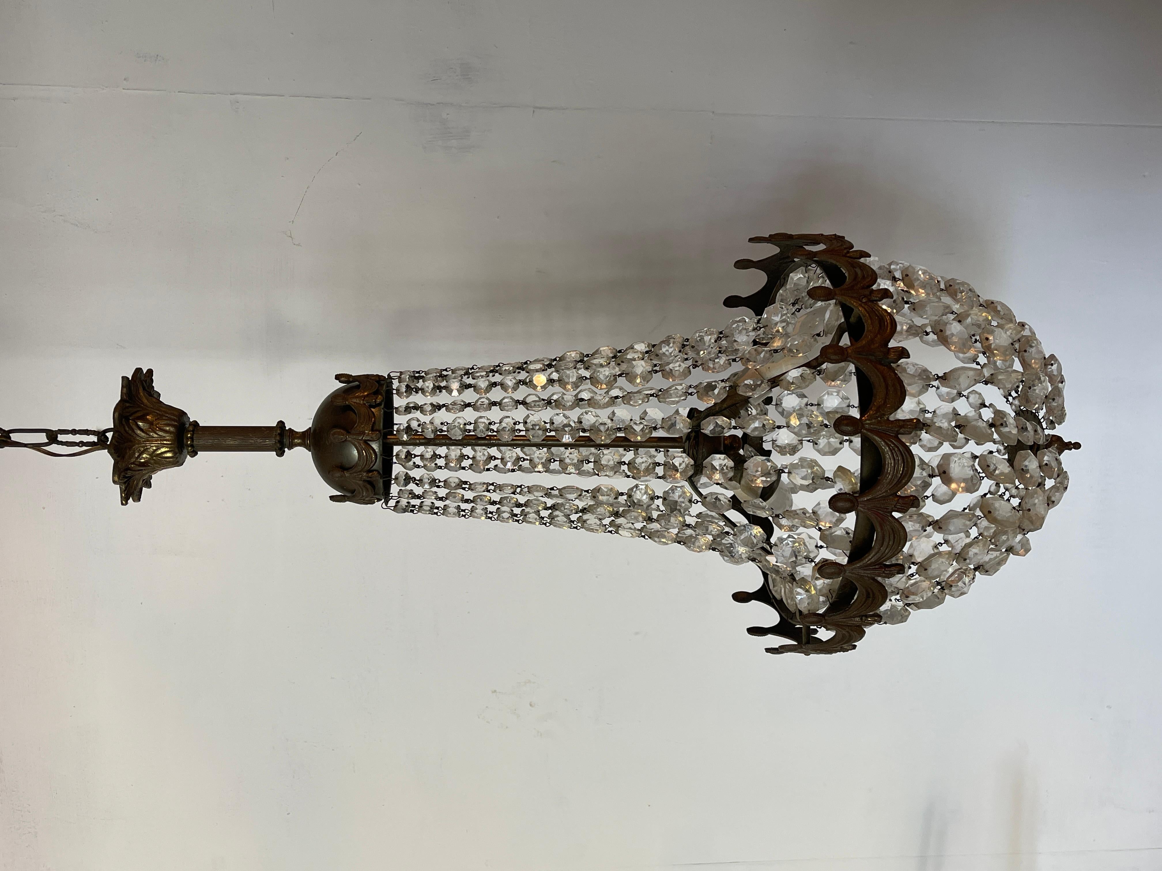 Bronzo Lampadario in bronzo e cristallo stile imperio anni '50 in vendita