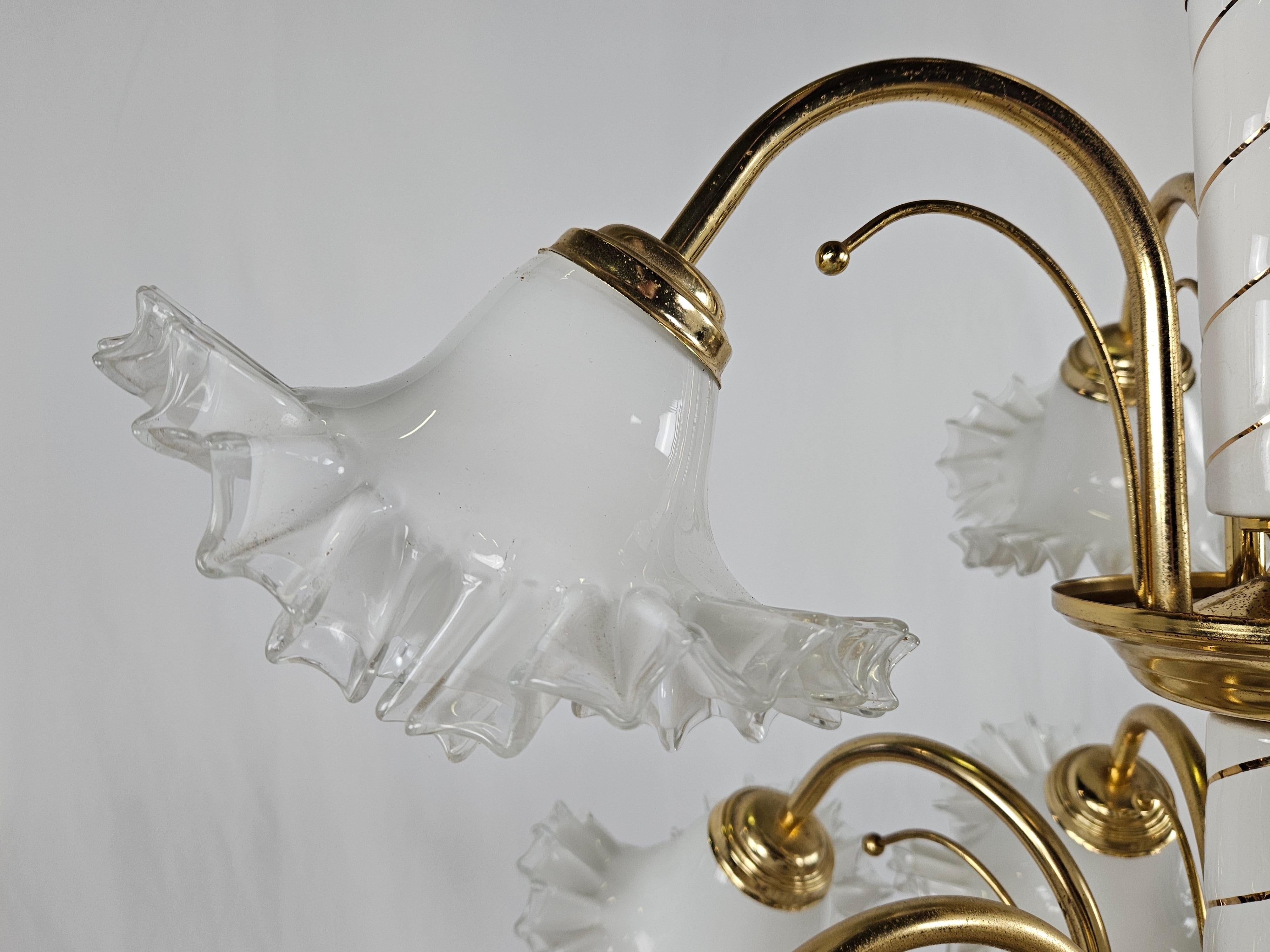 Mid-Century Modern Ceramic, brass and Murano glass chandelier 20th century For Sale