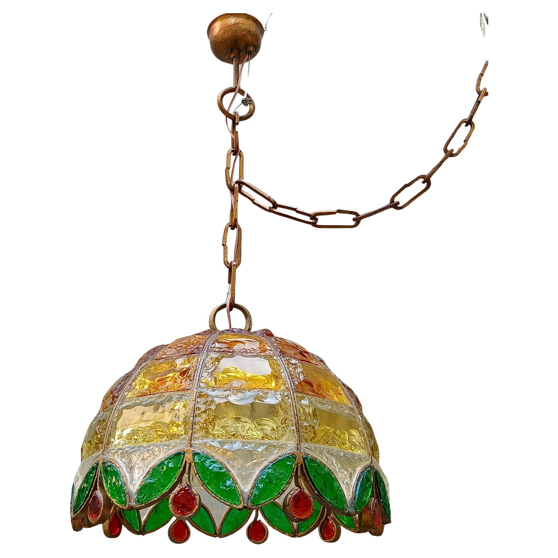 Lampadario in Ferro e Vetro Scalpellato Multicolor - Poliarte - Italia, Anni '60 in vendita