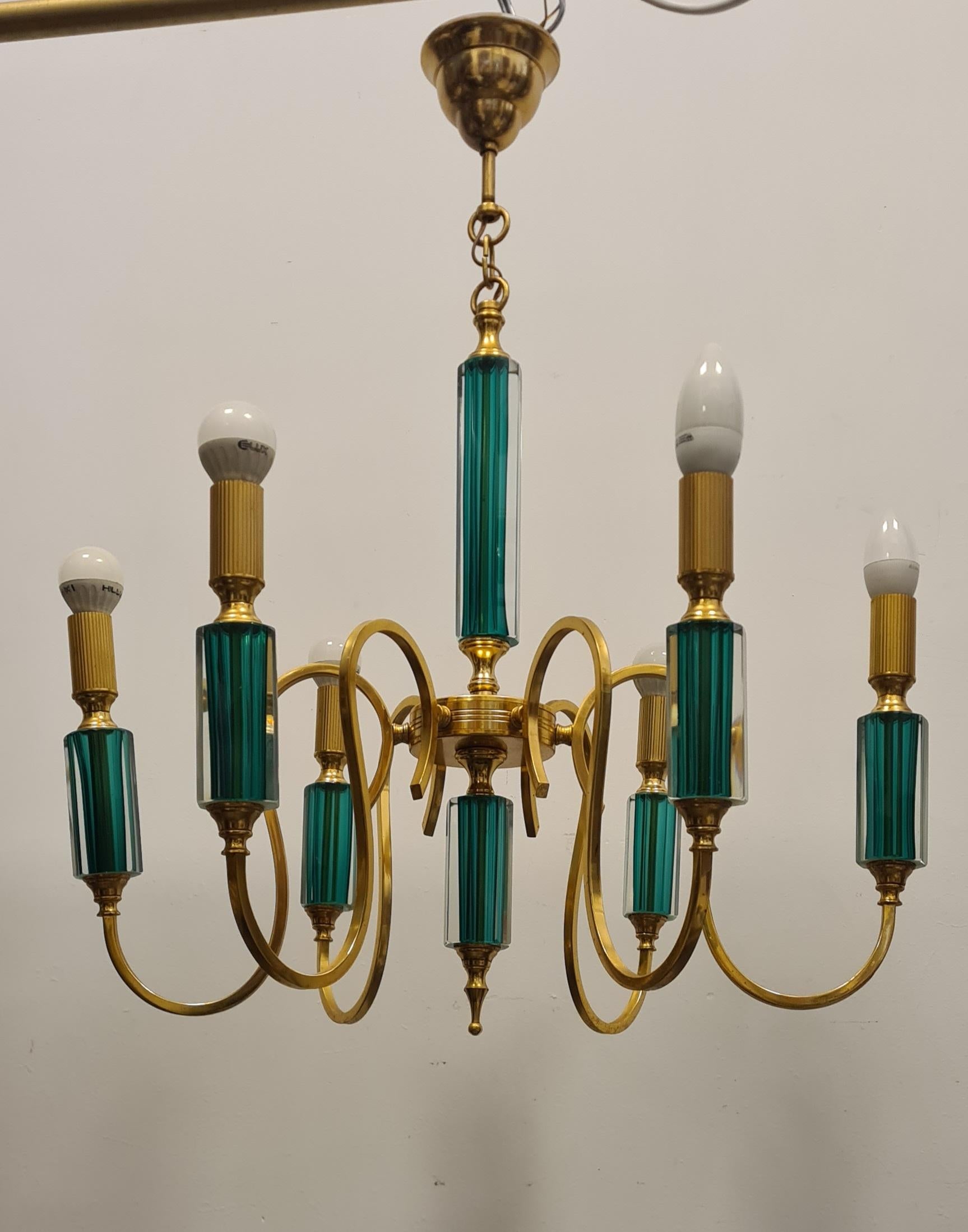 Metal Gilded metal and submerged glass chandelier 1980s' For Sale