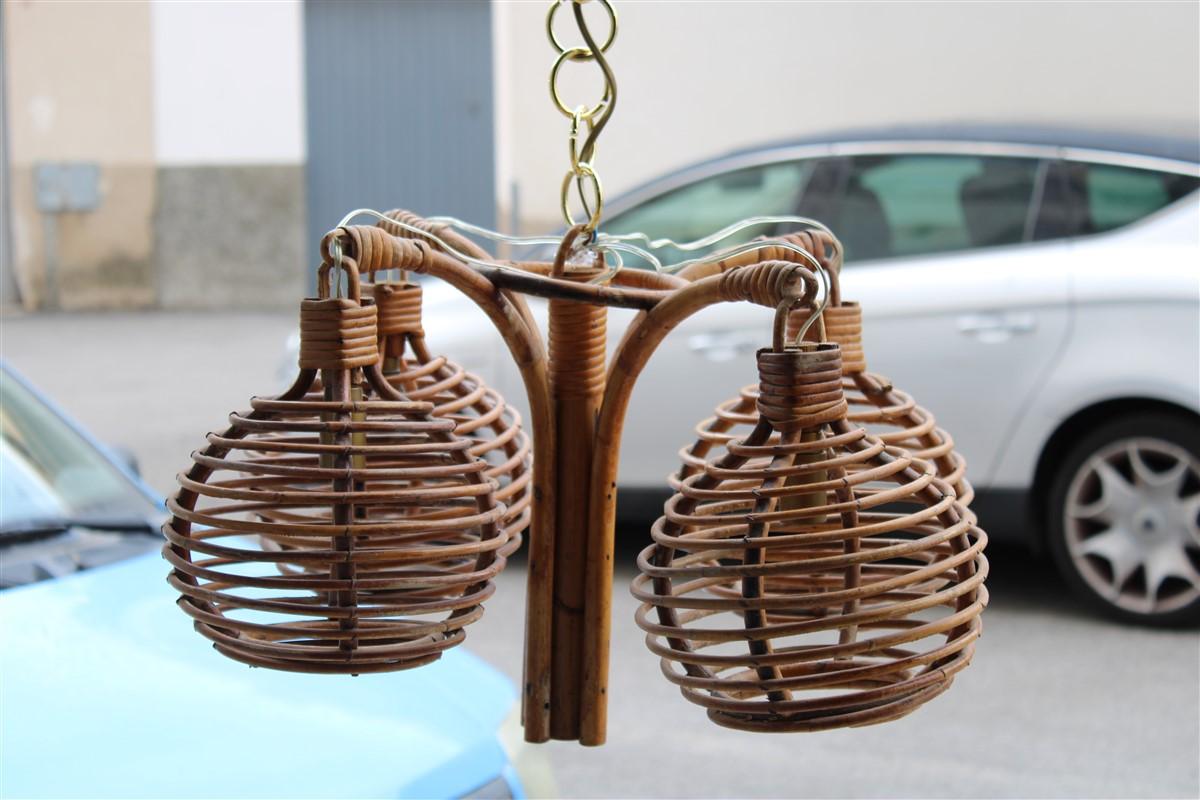 Bamboo 1950s Italian Midollino Chandelier 4 Lights  For Sale