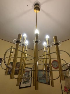 Lampadario in ottone e nichel di Gaetano Sciolari con timbro Italia, anni 60