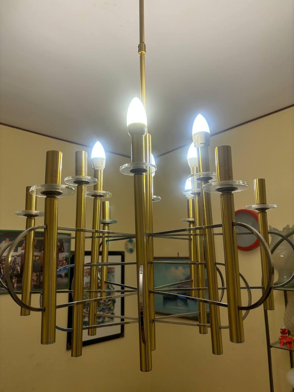 Mid-Century moderno Lampadario in ottone e nichel di Gaetano Sciolari con timbro Italia, anni 60 in vendita
