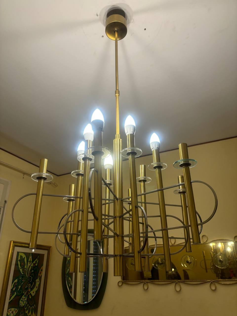 Italian Lampadario in ottone e nichel di Gaetano Sciolari con timbro Italia, anni 60 in vendita