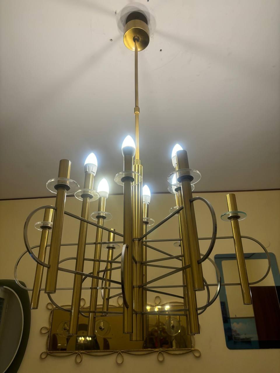 Anodizzato Lampadario in ottone e nichel di Gaetano Sciolari con timbro Italia, anni 60 in vendita