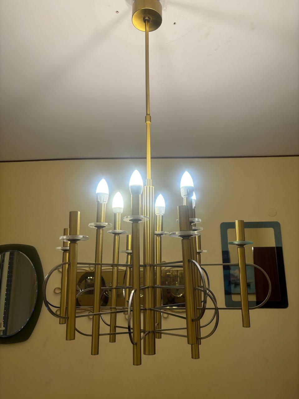 Ottone Lampadario in ottone e nichel di Gaetano Sciolari con timbro Italia, anni 60 in vendita