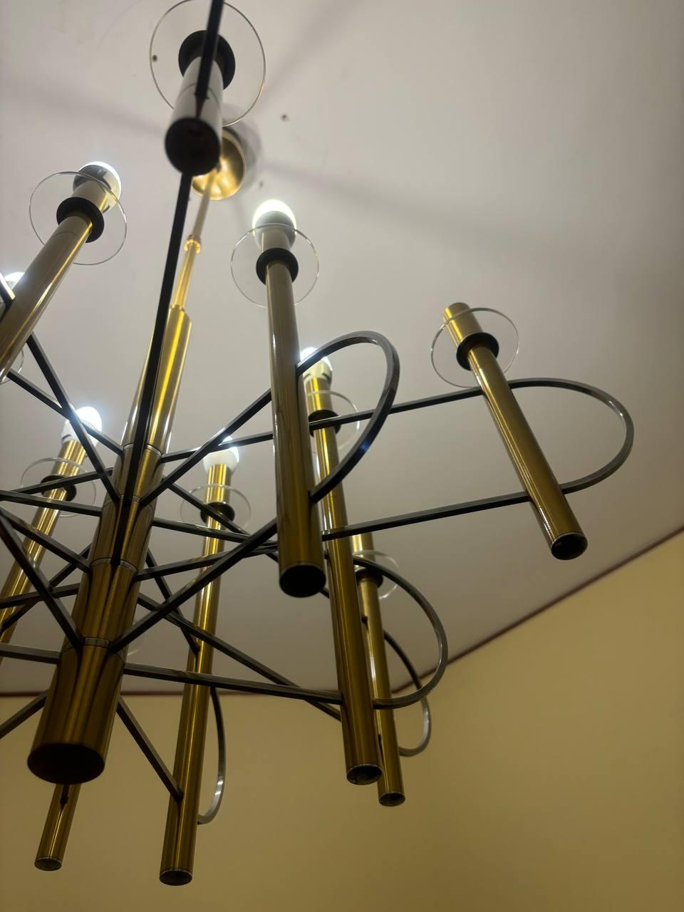 Lampadario in ottone e nichel di Gaetano Sciolari con timbro Italia, anni 60 in vendita 1
