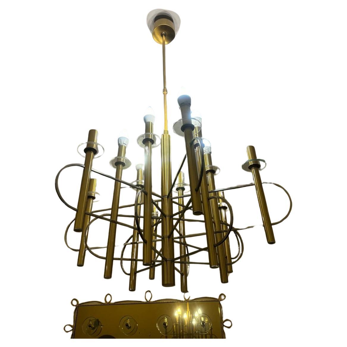 Lampadario in ottone e nichel di Gaetano Sciolari con timbro Italia, anni 60