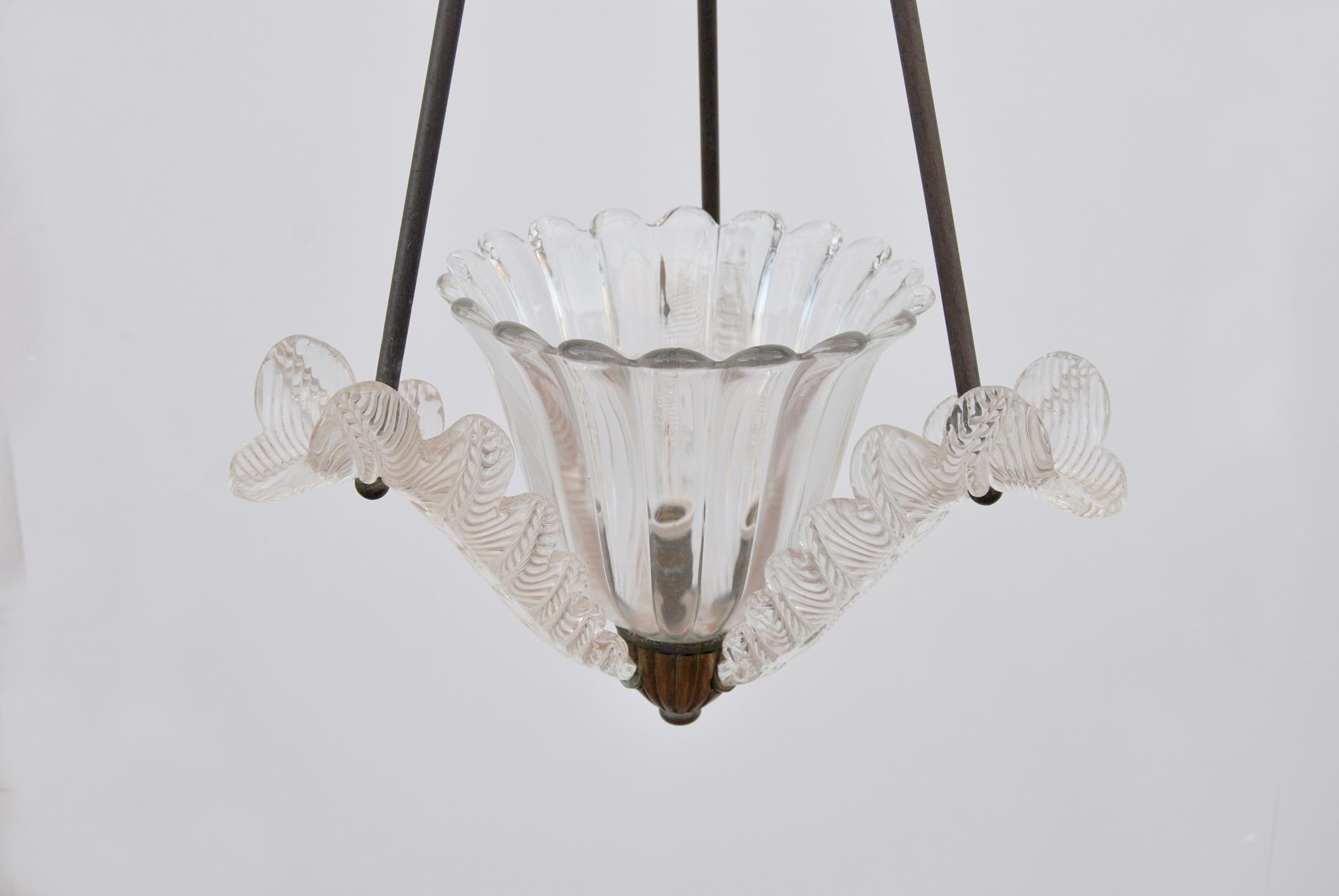 Mid-Century Modern Brass and Murano glass chandelier, 1940s  For Sale