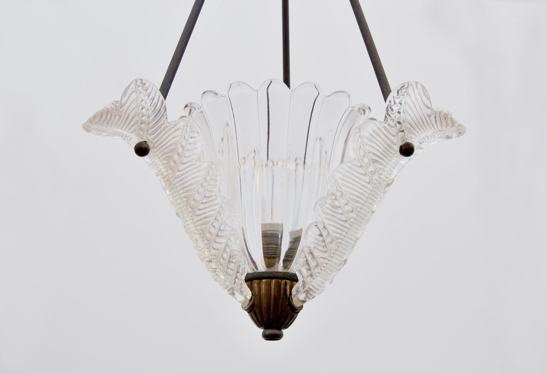 Italian Brass and Murano glass chandelier, 1940s  For Sale